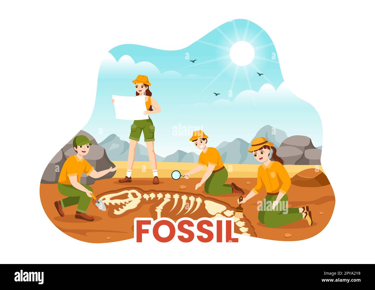 Fossil Illustration with Archaeologists Finds Dinosaurs Skeletons on ...