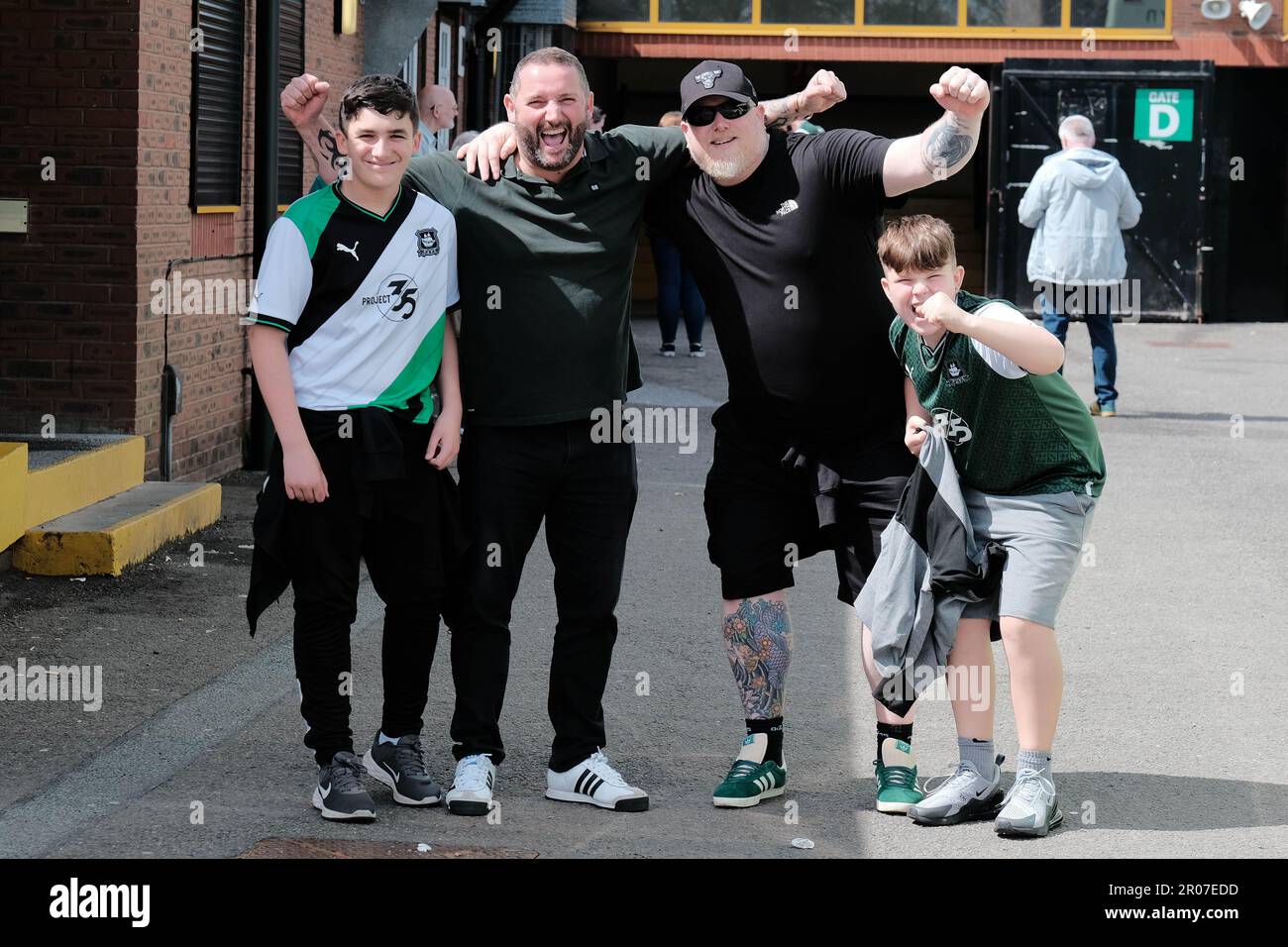 Port Vale FC, Stoke on Trent, UK. 7th May 2023. Plymouth Argyle Fans celebrate promotion as Champions of the EFL Sky Bet League One with a 1-3 victory over Port Vale at Vale Park, Stoke on Trent. Credit: Mark Lear / Alamy Live News Stock Photo