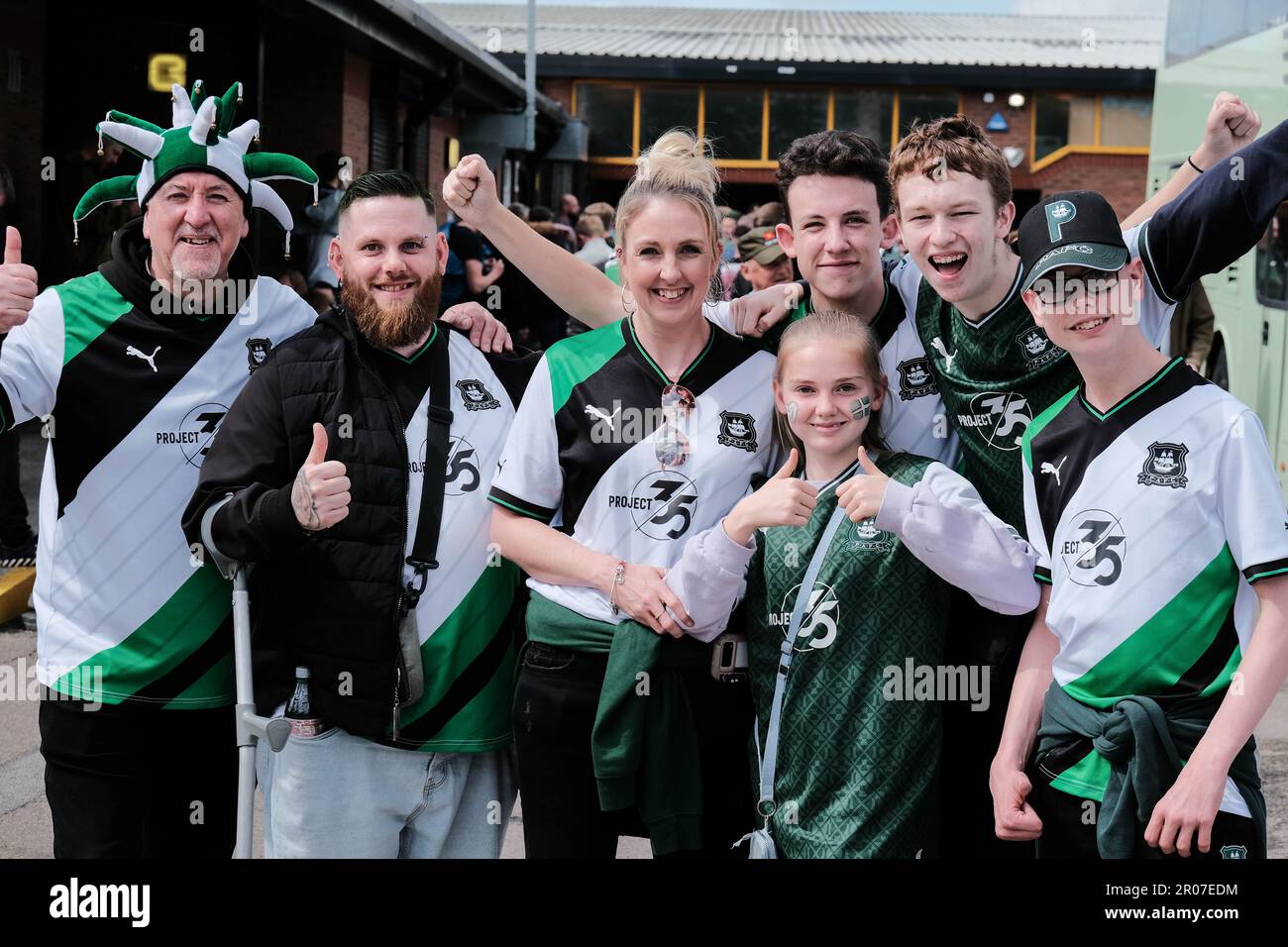 Port Vale FC, Stoke on Trent, UK. 7th May 2023. Plymouth Argyle Fans celebrate promotion as Champions of the EFL Sky Bet League One with a 1-3 victory over Port Vale at Vale Park, Stoke on Trent. Credit: Mark Lear / Alamy Live News Stock Photo