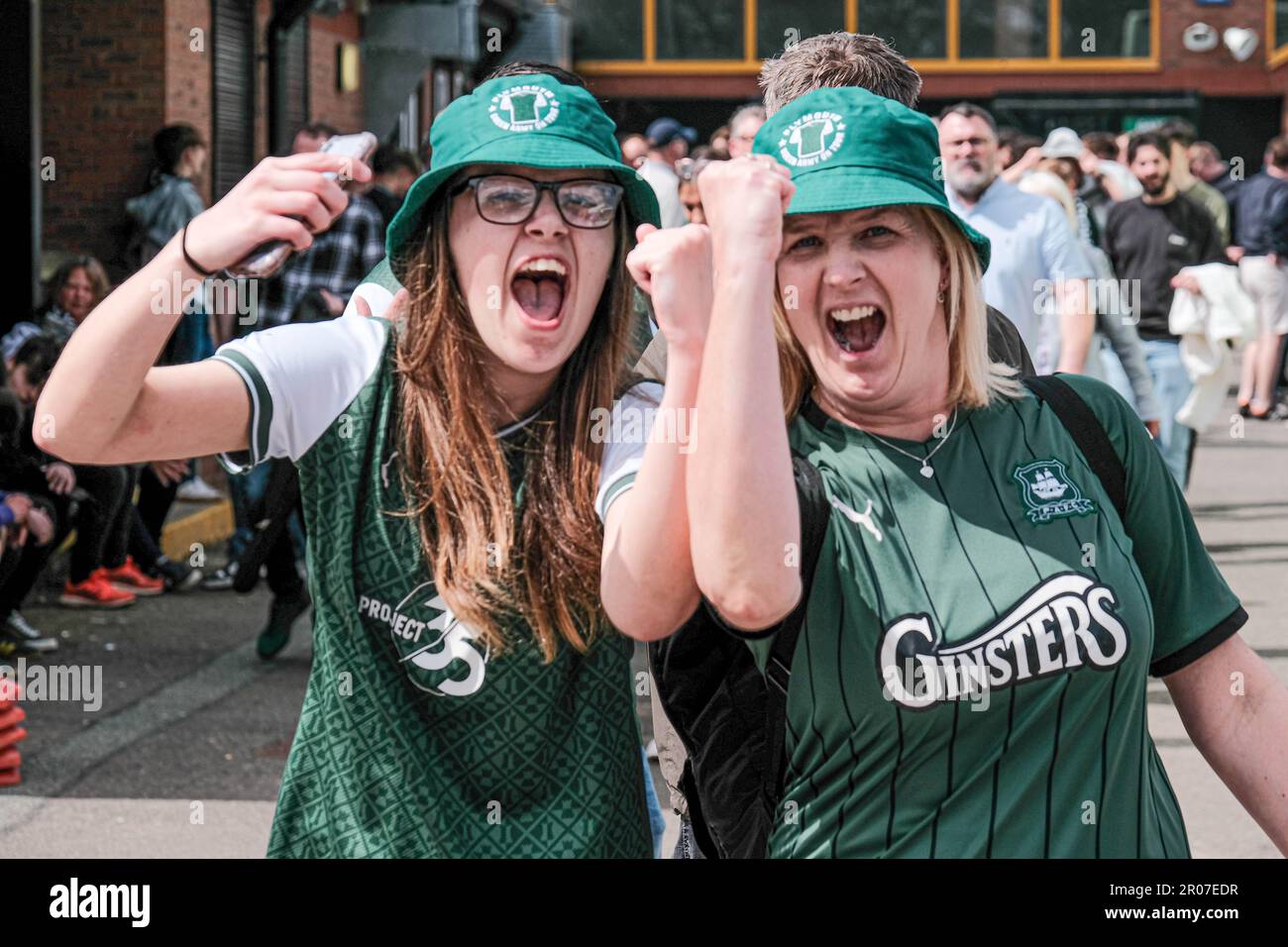 Port Vale FC, Stoke on Trent, UK. 7th May 2023. Plymouth Argyle Fans celebrate promotion as Champions of the EFL Sky Bet League One with a 1-3 victory over Port Vale at Vale Park, Stoke on Trent. Credit: Mark Lear / Alamy Live News Stock Photo