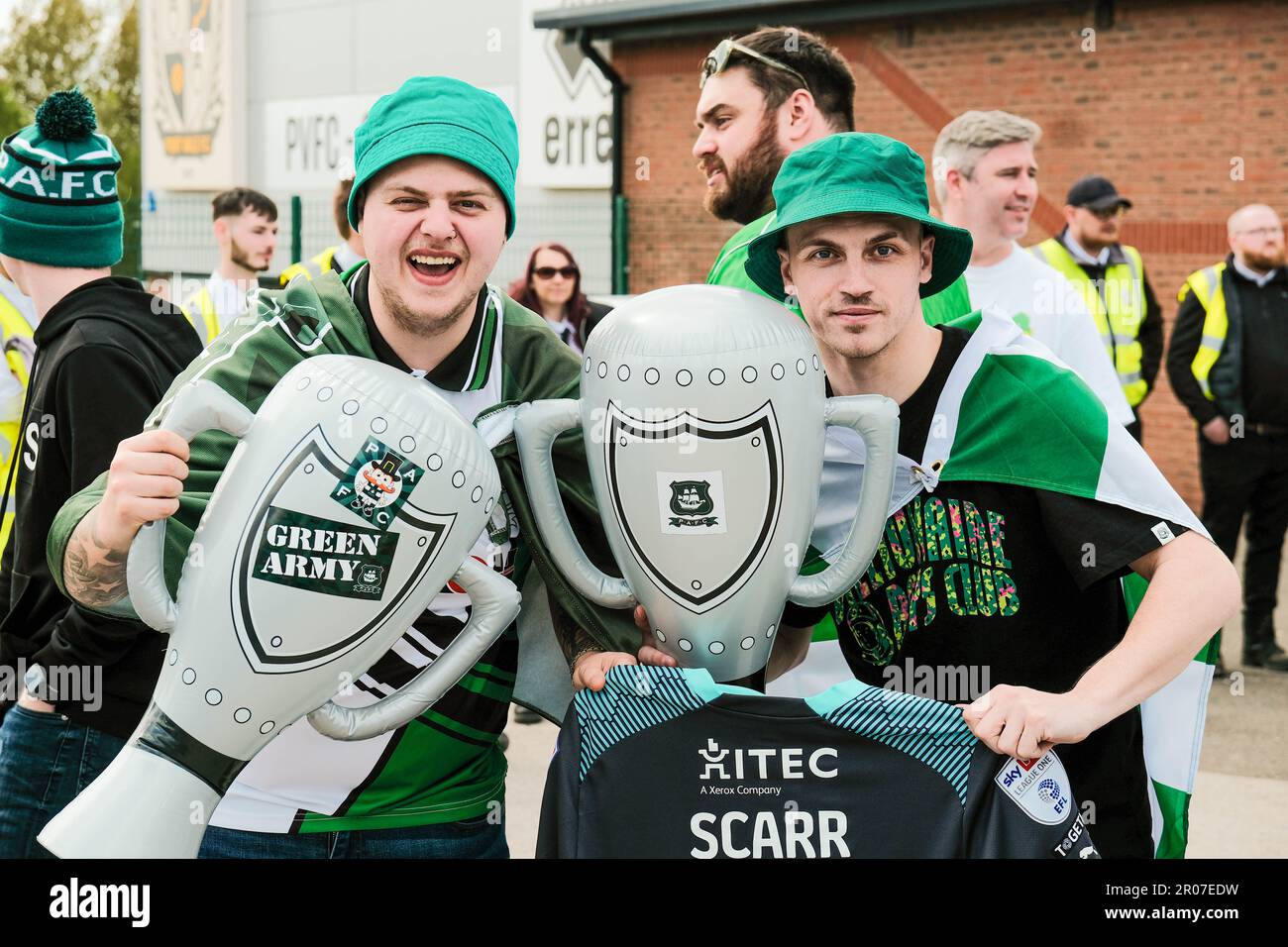 Port Vale FC, Stoke on Trent, UK. 7th May 2023. Plymouth Argyle Fans celebrate promotion as Champions of the EFL Sky Bet League One with a 1-3 victory over Port Vale at Vale Park, Stoke on Trent. Credit: Mark Lear / Alamy Live News Stock Photo