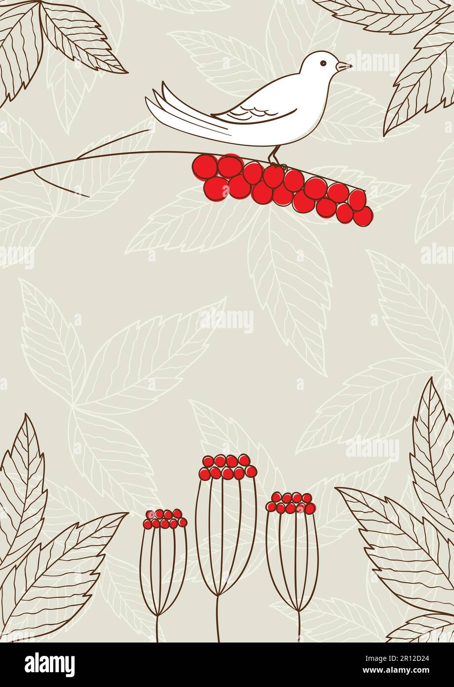 Line art illustration of bird, berries and leaves Stock Vector