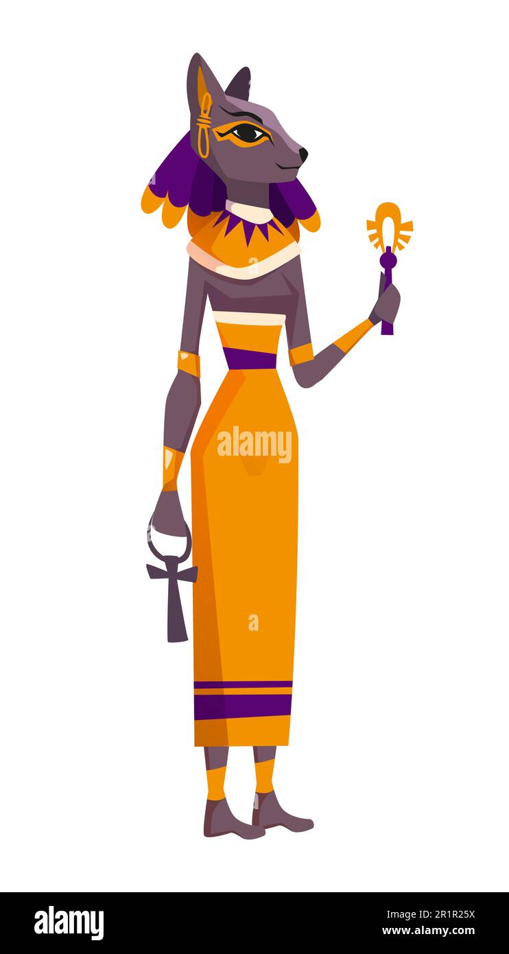 Flat ancient Egyptian goddess Bastet with head of cat. Egypt sacred animal headed woman, feline deity of domesticity and home isolated on white background. Antique mythological character from history. Stock Vector