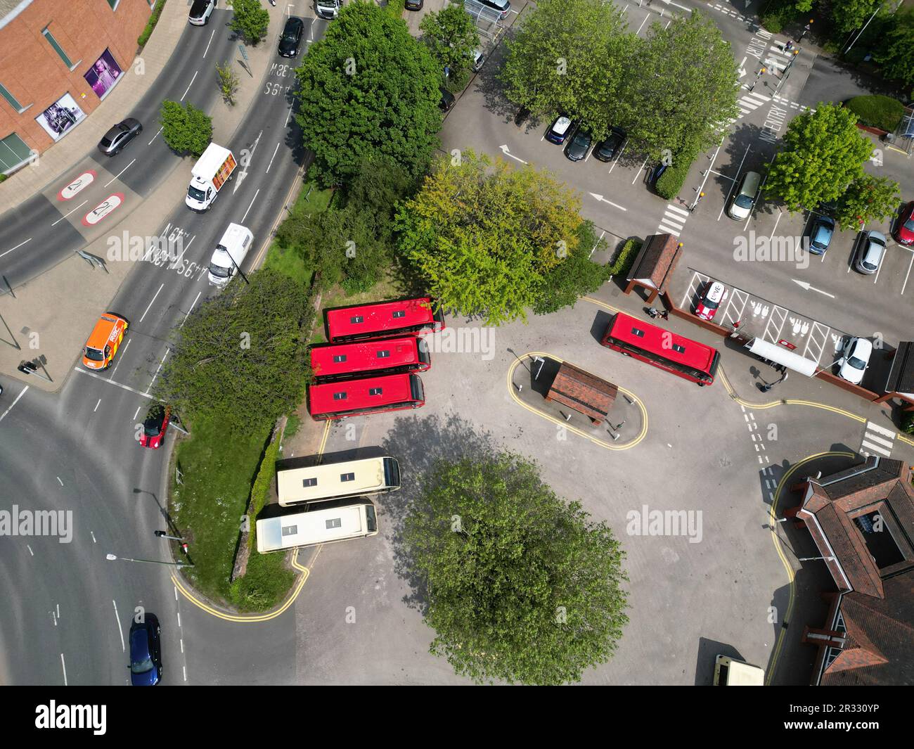 Hereford UK - aerial view of local bus station with local buses - May ...