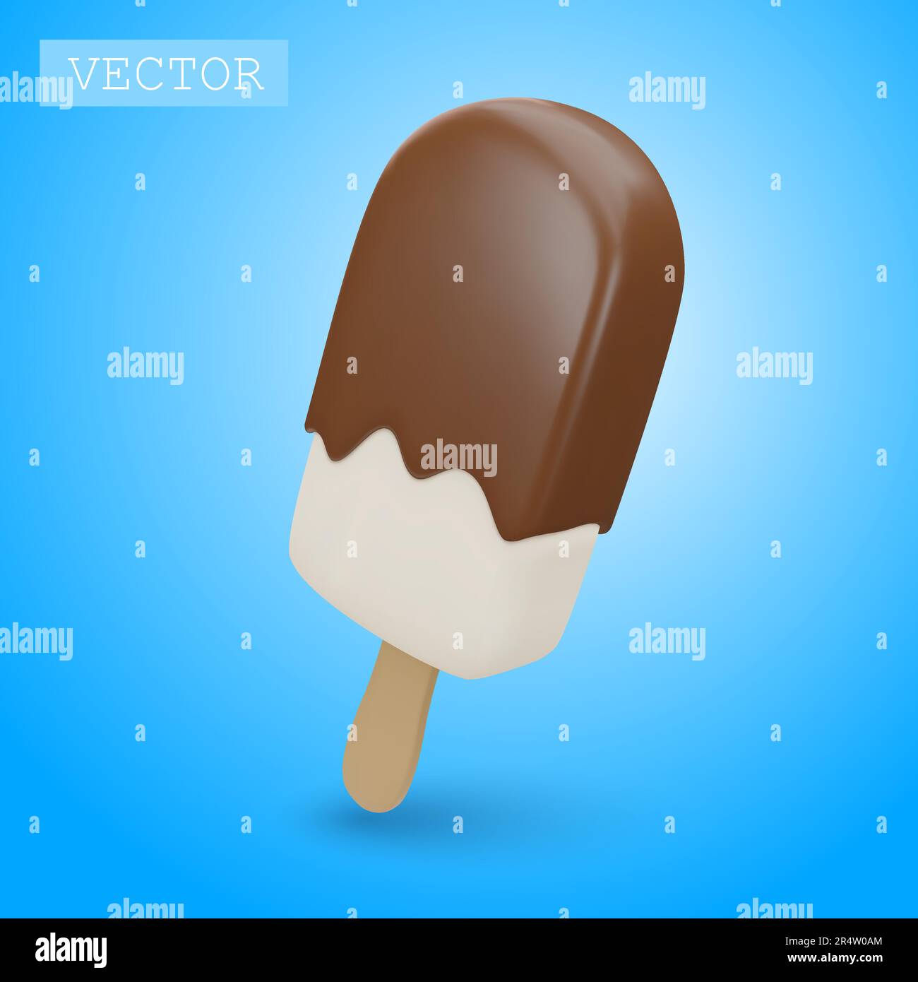 3D render of popsicle on a stick with chocolate icing and sprinkling. Fast food, sweet, summer dessert. Bright Illustration in cartoon, plastic, clay Stock Vector