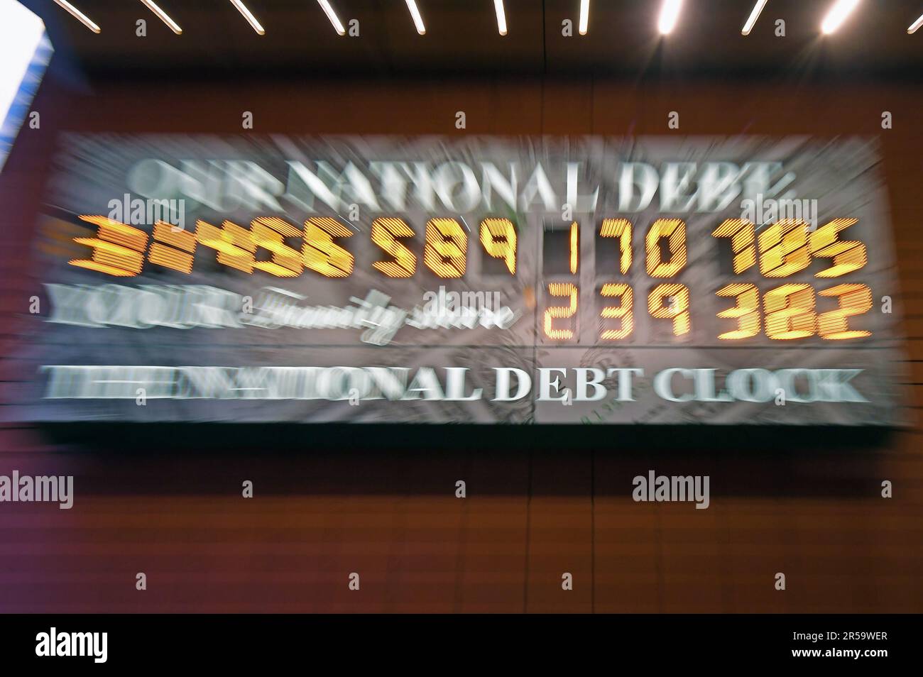 New York, USA. 1st June, 2023. This photo shows the National Debt Clock in New York, the United States, on June 1, 2023. After months of partisan arm-wrestling, the U.S. Congress approved the bill to raise America's debt ceiling after the Senate's passage late Thursday, the 103rd time since 1945, allowing the government to avert a debt default by borrowing more. Credit: Li Rui/Xinhua/Alamy Live News Stock Photo