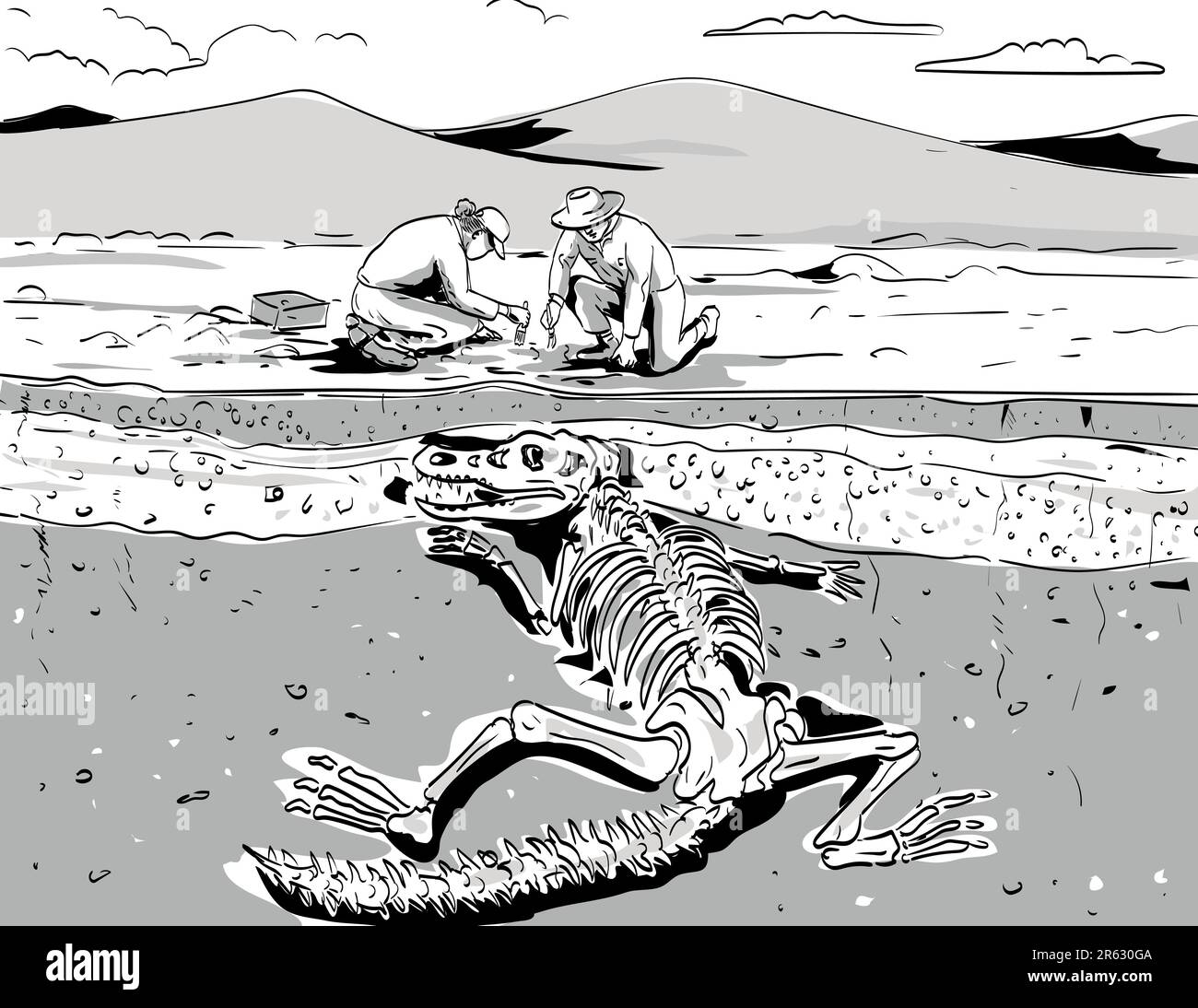 Comics style drawing or illustration of archeologist digging up fossil bones of prehistoric dinosaur in the desert under layers of sedimentary rocks d Stock Photo