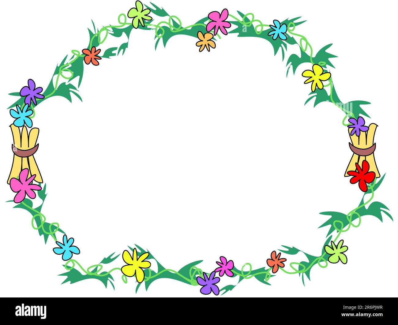 Here's a colorful circular frame of flowers, leaves, flowers, and stick bundles, tropical style. Stock Vector