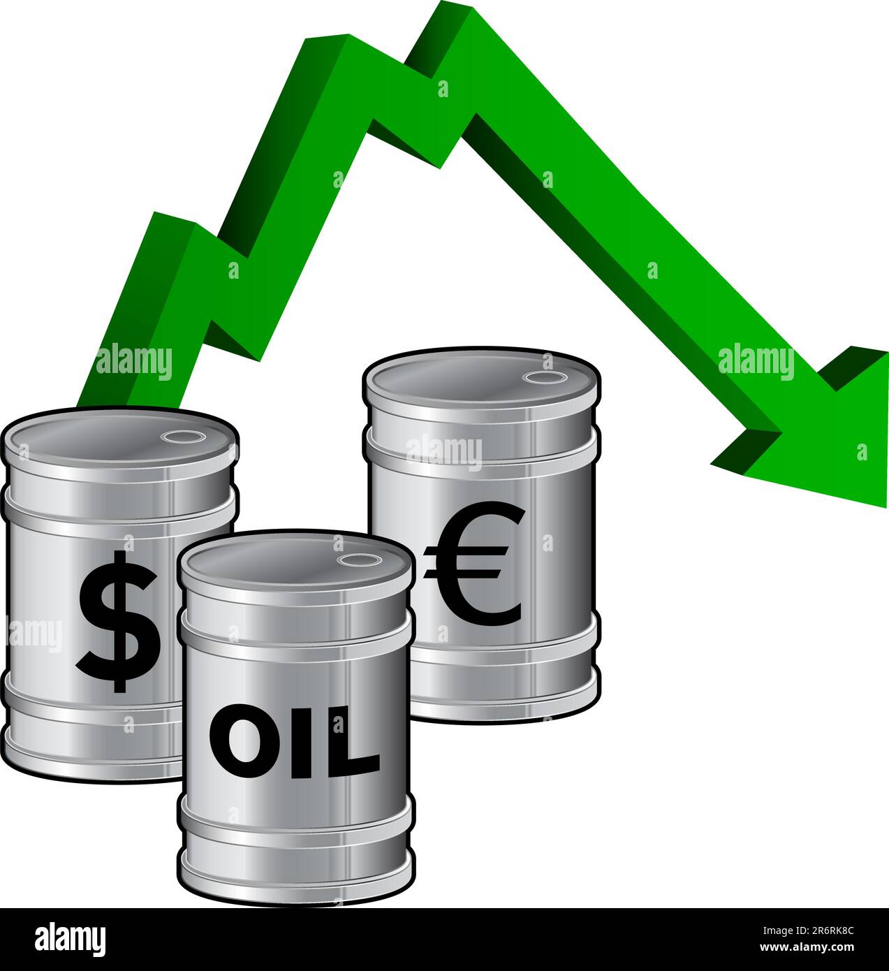 Oil prices dropping - vector illustration of fuel barrels with currency icons and a down arrow signifying lowering price Stock Vector