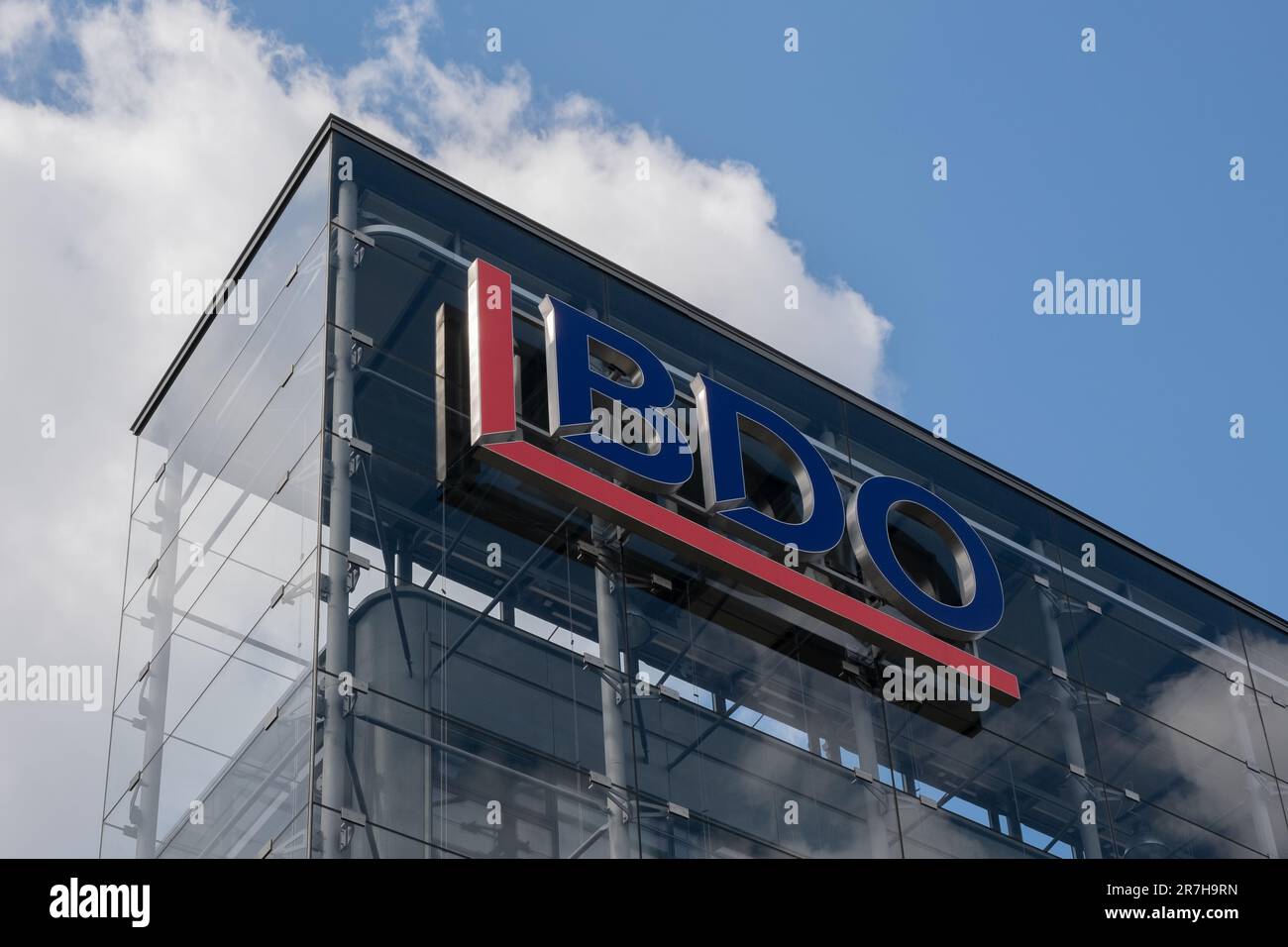 Prague,CZ -27 April 2023: Logo on BDO Headquarters In Prague. Consulting tax audit  Concept Corporation. EDITORIAL Stock Photo