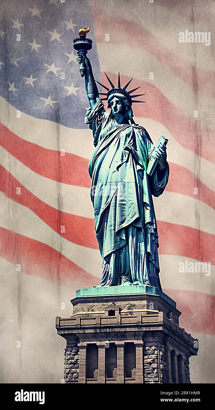 A powerful image showcasing the Statue of Liberty in the foreground with the American flag waving in the background, embodying the spirit of freedom a Stock Photo