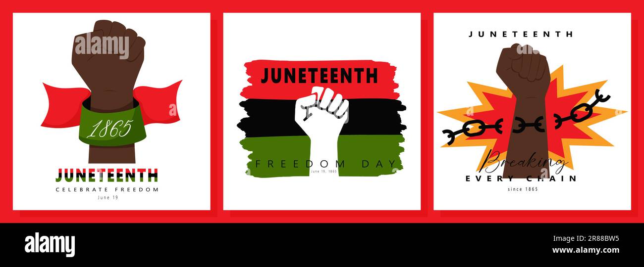 Juneteenth greeting cards with Clenched fist, raised black hand, breaking chains. A ribbon with the date 1865 and pan african flag. Symbol of National Stock Vector