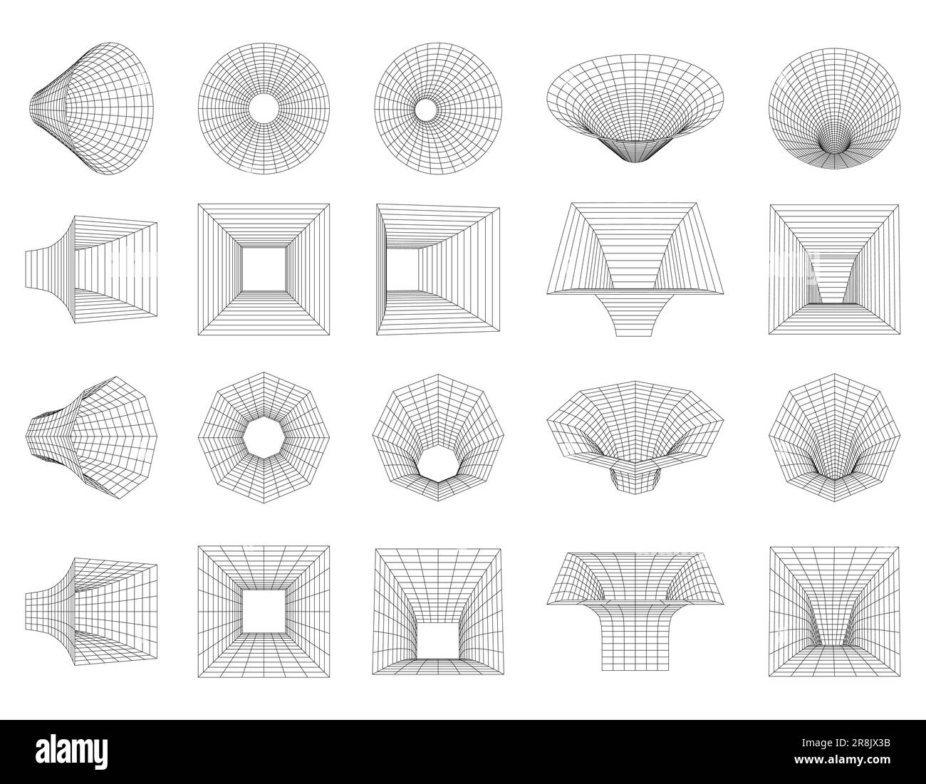 A set of wireframe geometric shapes. Network line concept. Polygonal shapes, Funnels, tunnels, distorted, deformed shapes, grids. 3D mesh. Graphic des Stock Vector