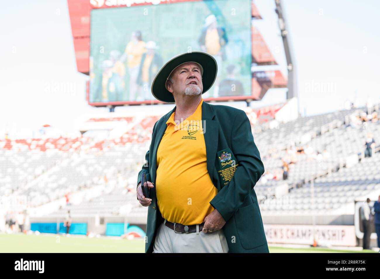 San Diego, USA. 21st June, 2023. A member of the Australian coalition at opening ceremonies for the 2023 World Lacrosse Men's Championship at Snapdragon Stadium. Credit: Ben Nichols/Alamy Live News Stock Photo