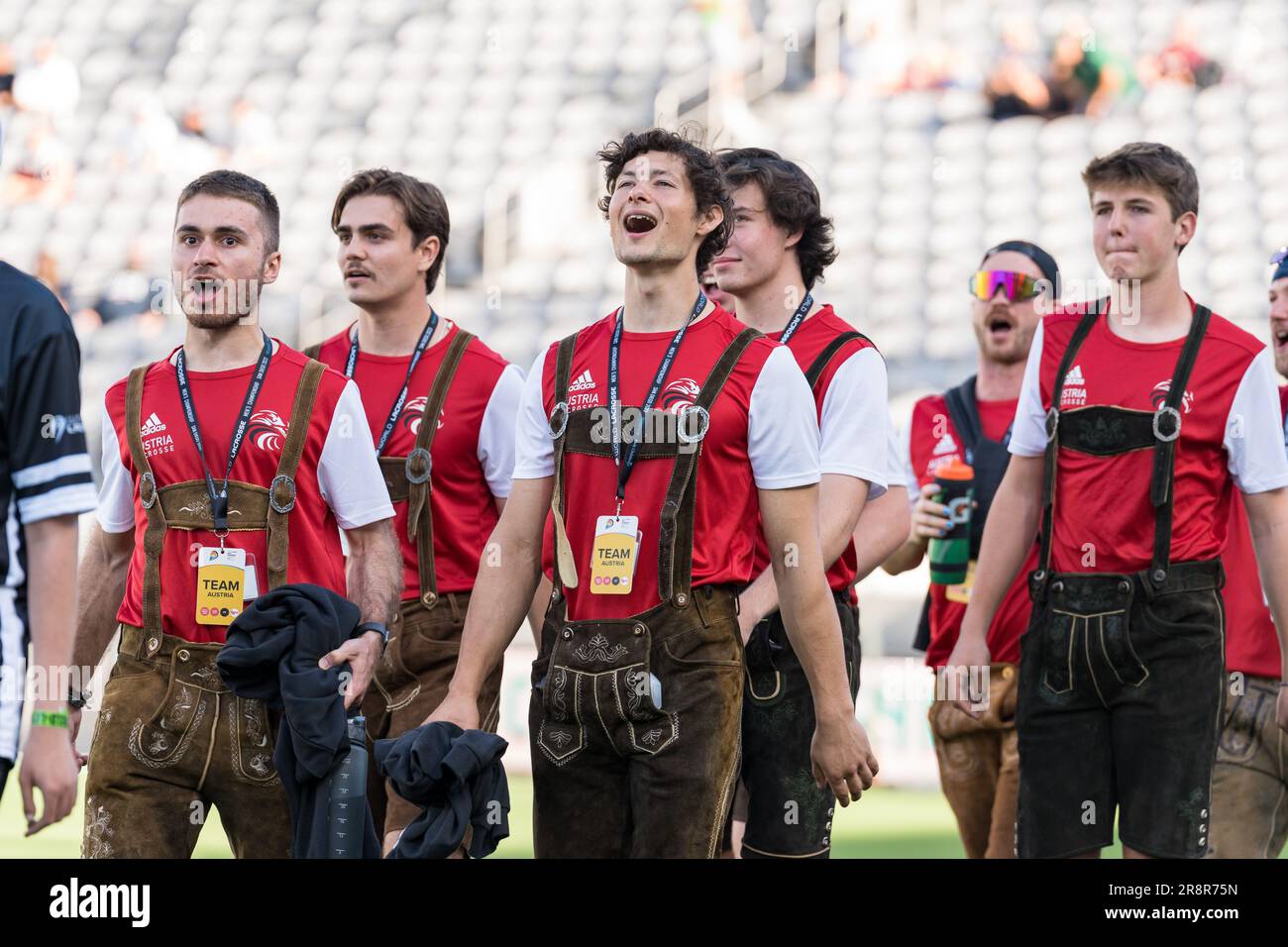 San Diego, USA. 21st June, 2023. Team Austria at opening ceremonies for the 2023 World Lacrosse Men's Championship at Snapdragon Stadium. Credit: Ben Nichols/Alamy Live News Stock Photo