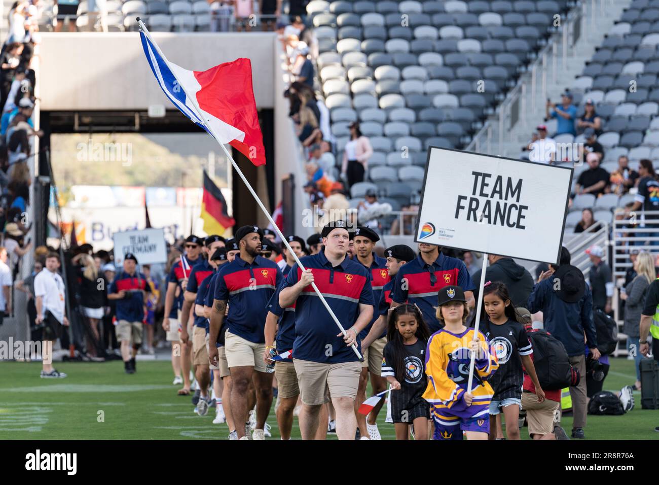 San Diego, USA. 21st June, 2023. Team France enters the stadium at opening ceremonies for the 2023 World Lacrosse Men's Championship at Snapdragon Stadium. Credit: Ben Nichols/Alamy Live News Stock Photo