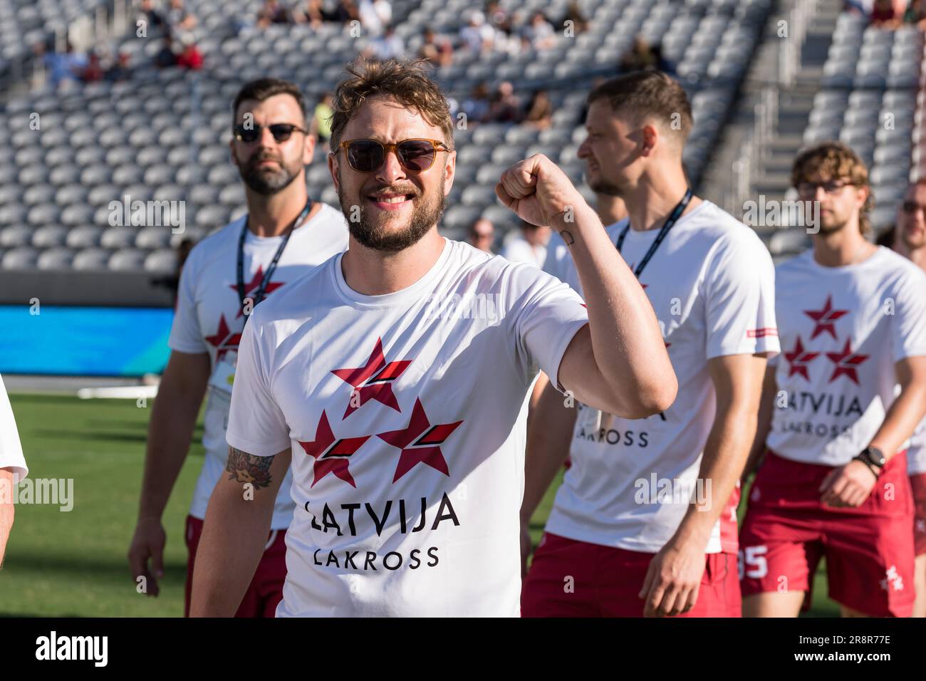 San Diego, USA. 21st June, 2023. Team Latvia at opening ceremonies for the 2023 World Lacrosse Men's Championship at Snapdragon Stadium. Credit: Ben Nichols/Alamy Live News Stock Photo