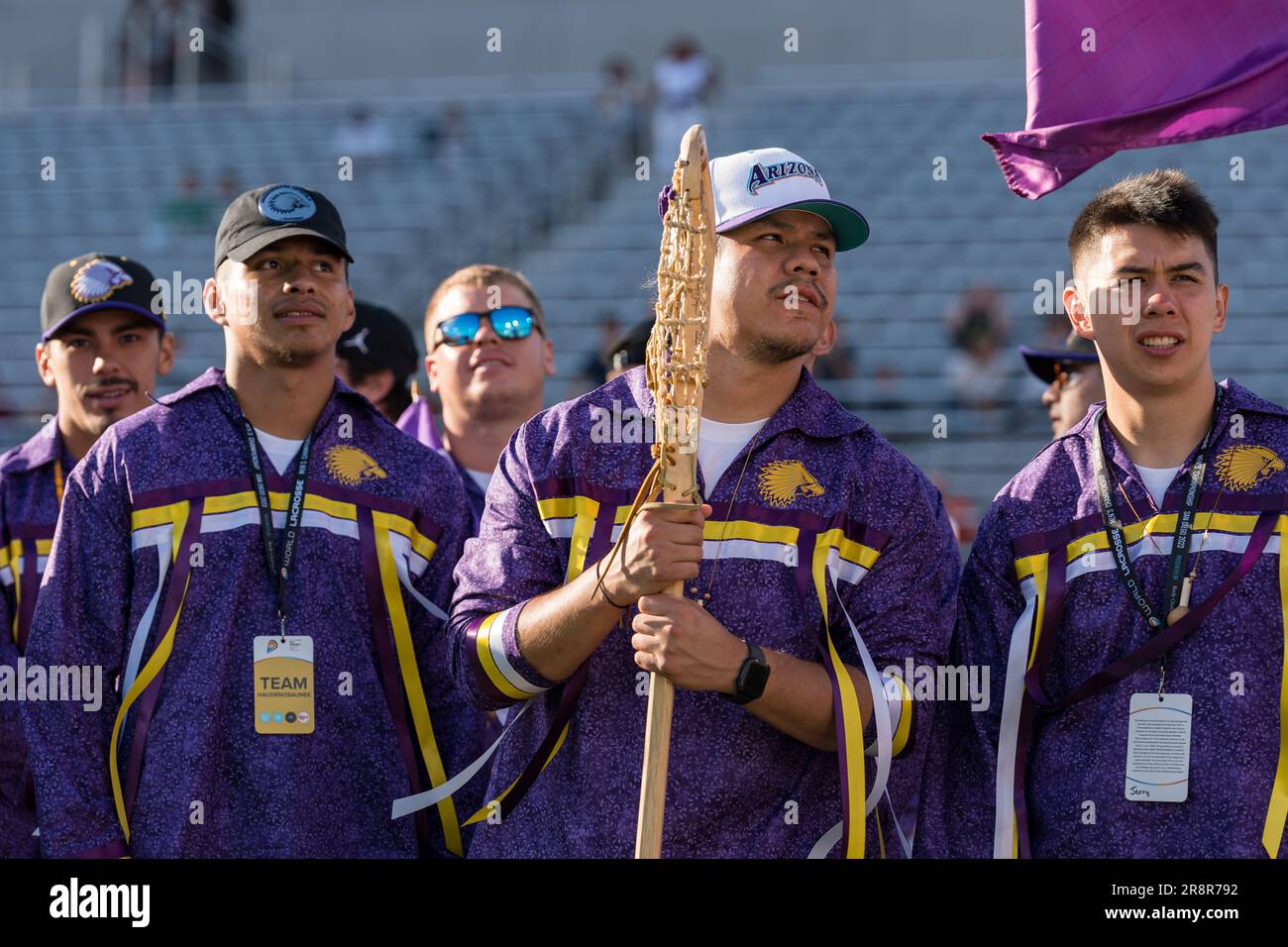 San Diego, USA. 21st June, 2023. Team Haudenosaunee, also known as the Iroquois Nation, at opening ceremonies for the 2023 World Lacrosse Men's Championship at Snapdragon Stadium. Credit: Ben Nichols/Alamy Live News Stock Photo