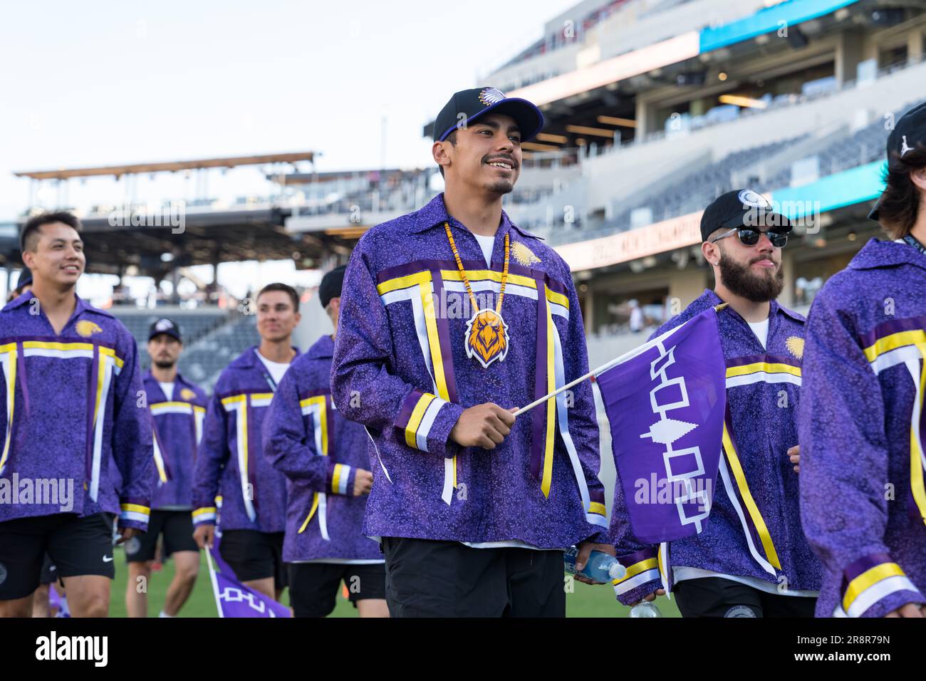 San Diego, USA. 21st June, 2023. Team Haudenosaunee, also known as the Iroquois Nation, at opening ceremonies for the 2023 World Lacrosse Men's Championship at Snapdragon Stadium. Credit: Ben Nichols/Alamy Live News Stock Photo