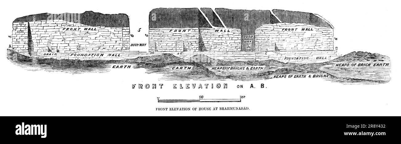 Front elevation of house at Brahmunabad, 1857. Ancient city in what is now Pakistan, excavated at his own expense by Mr. A. F. Bellasis, of the Bombay Civil Service, and '...supposed to have been destroyed by an earthquake about the year A.D. 1020...We had not dug two feet before we came to quantities of bones, and...skeletons...so numerous that it was hardly possible to dig a powra (a large hoe) full of earth without bringing up particles of bones. As far as I could judge, many were undeniably human bones, and others those of cattle and horses. The human bones were chiefly found in doorways, Stock Photo