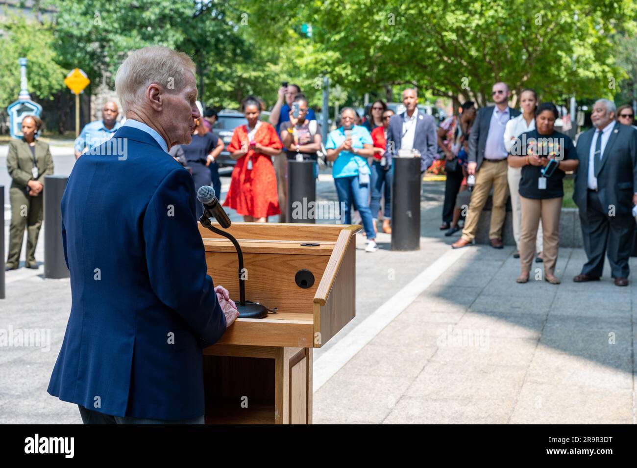 NASA HQ Juneteenth Flag Raising Ceremony. NASA Administrator Bill Nelson delivers remarks during a flag raising ceremony in recognition and celebration of Juneteenth, Thursday, June 15, 2023, at the Mary W. Jackson NASA Headquarters building in Washington. Stock Photo