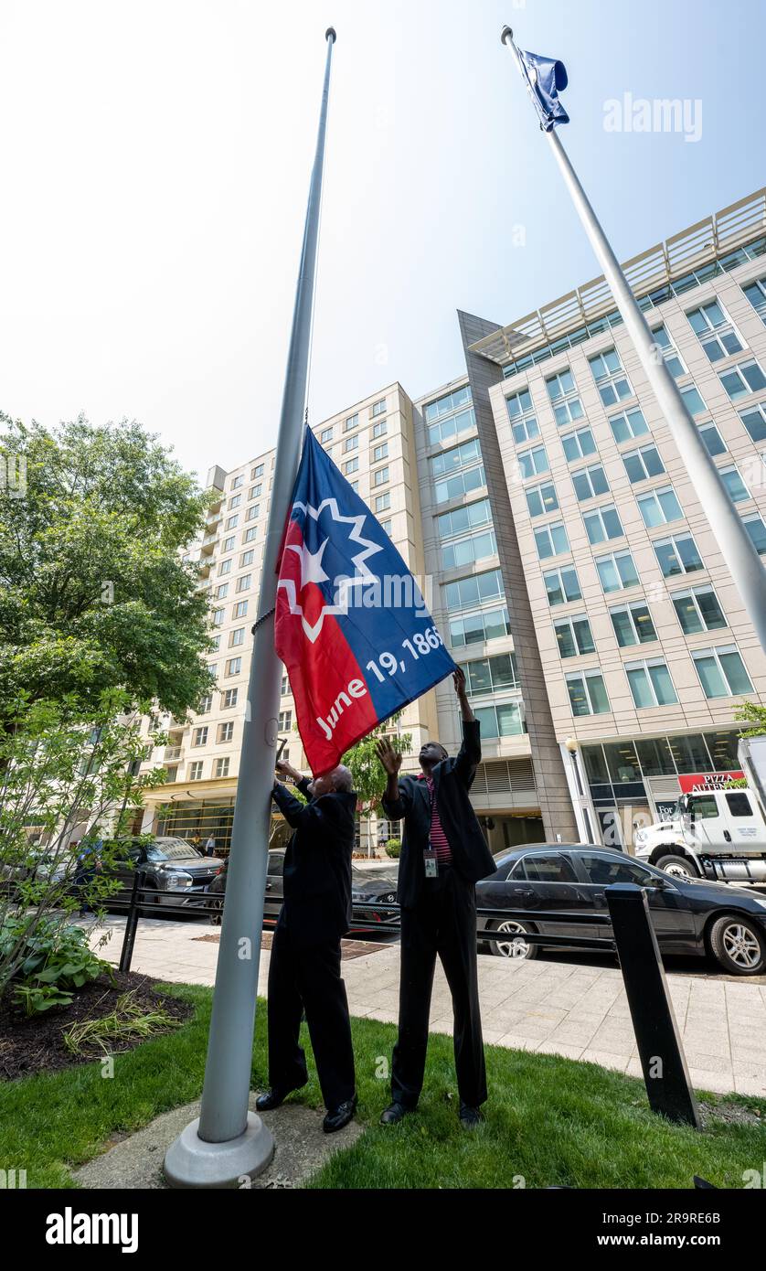 NASA HQ Juneteenth Flag Raising Ceremony. The Juneteenth flag is seen waving in the wind during a flag raising ceremony in recognition and celebration of Juneteenth, Thursday, June 15, 2023, at the Mary W. Jackson NASA Headquarters building in Washington. Stock Photo