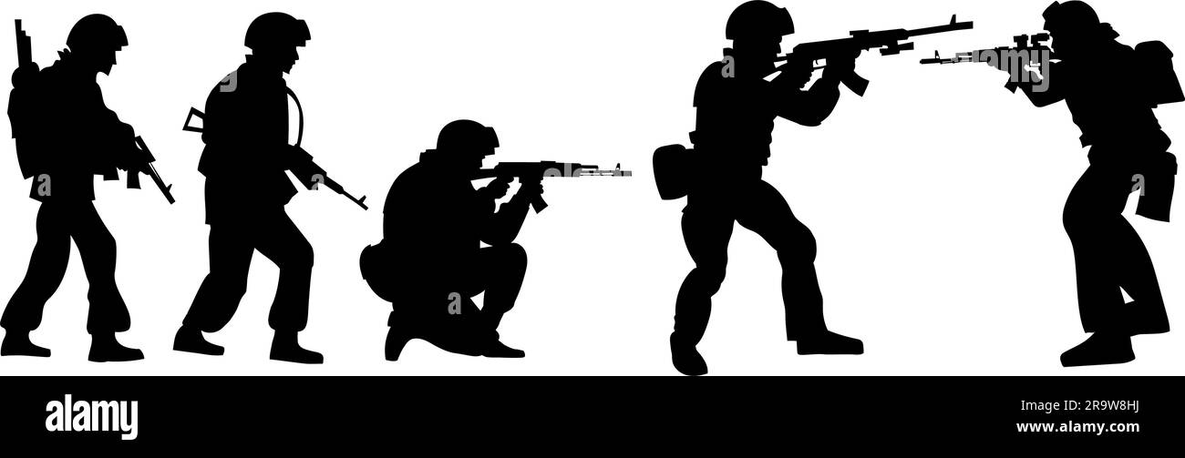 vector silhouettes of soldiers ready to shoot. EPS8 Stock Vector