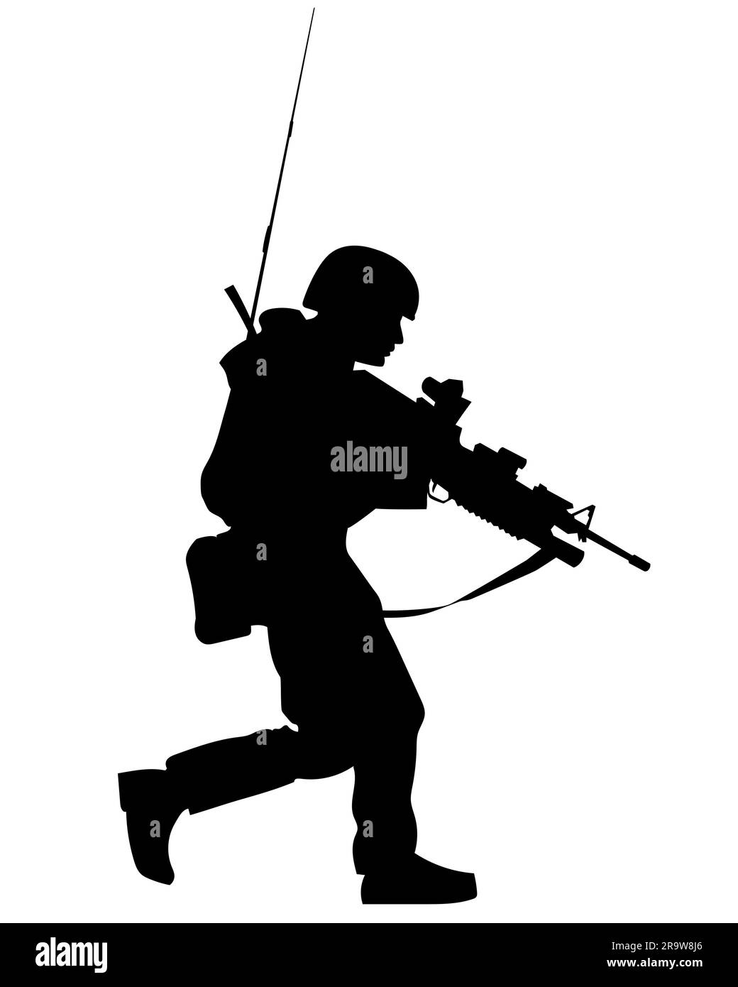 vector silhouette of a soldier in armour with a machine gun Stock Vector