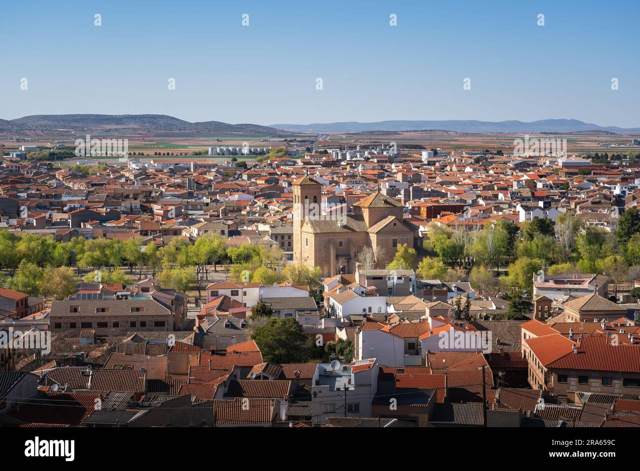 Aerial view of Consuegra with Saint John the Baptist Church (San Juan Bautista) - Consuegra, Castilla-La Mancha, Spain Stock Photo