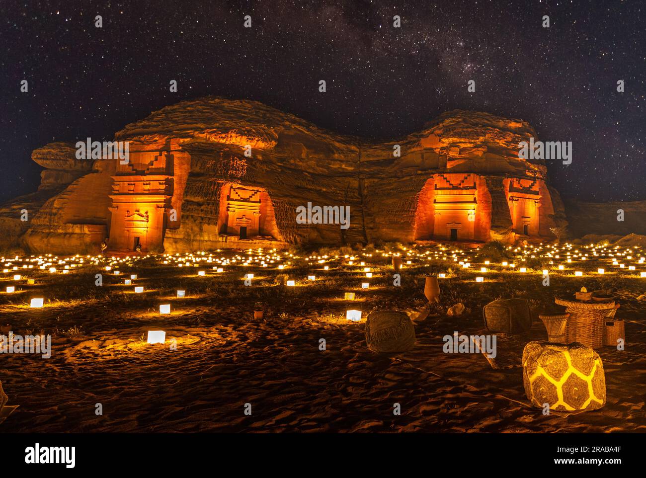 Starlight sky over the ancient nabataean tombs of Hegra city ...