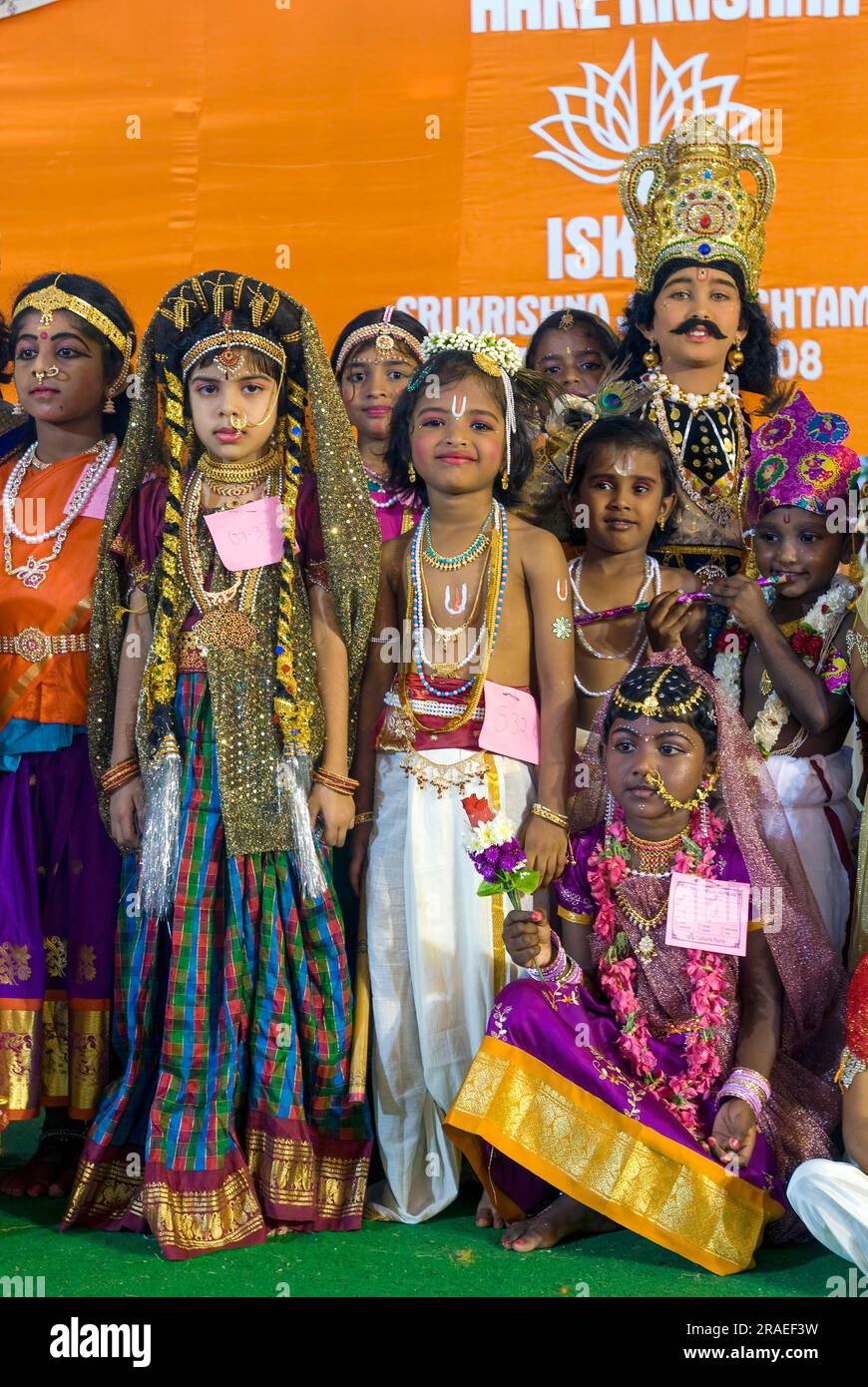 Children dressed up as lord Krishna in Janmashtami Krishna Jayanthi festival carnival in Iskcon at Coimbatore, Tamil Nadu, South India, India, Asia Stock Photo