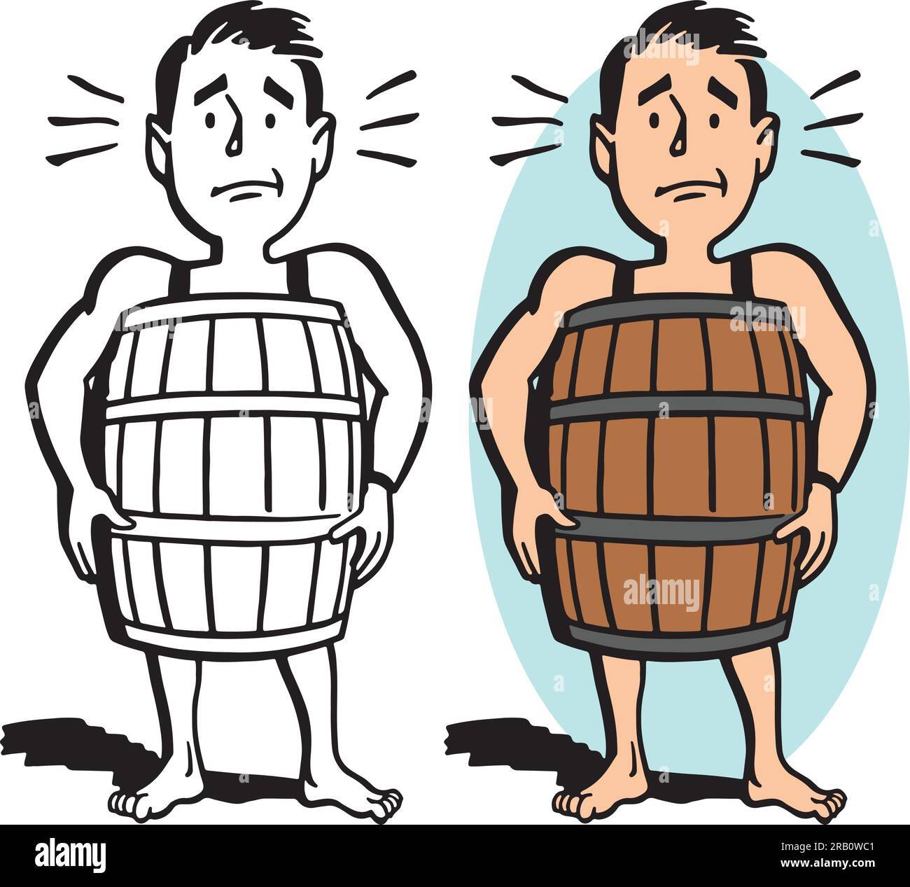 A vintage retro cartoon of a poor man wearing a barrel instead of clothes. Stock Vector