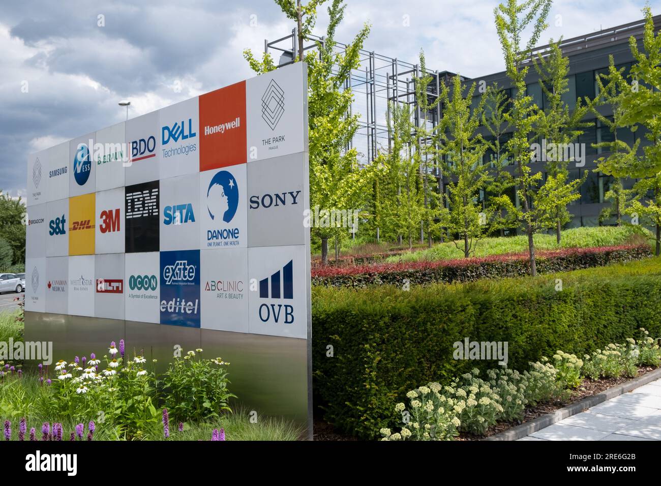 Prague,CZ -13 July 2023: Logo on signs near entrance to business center in Prague. Headquarters. Concept Corporation. EDITORIAL Stock Photo