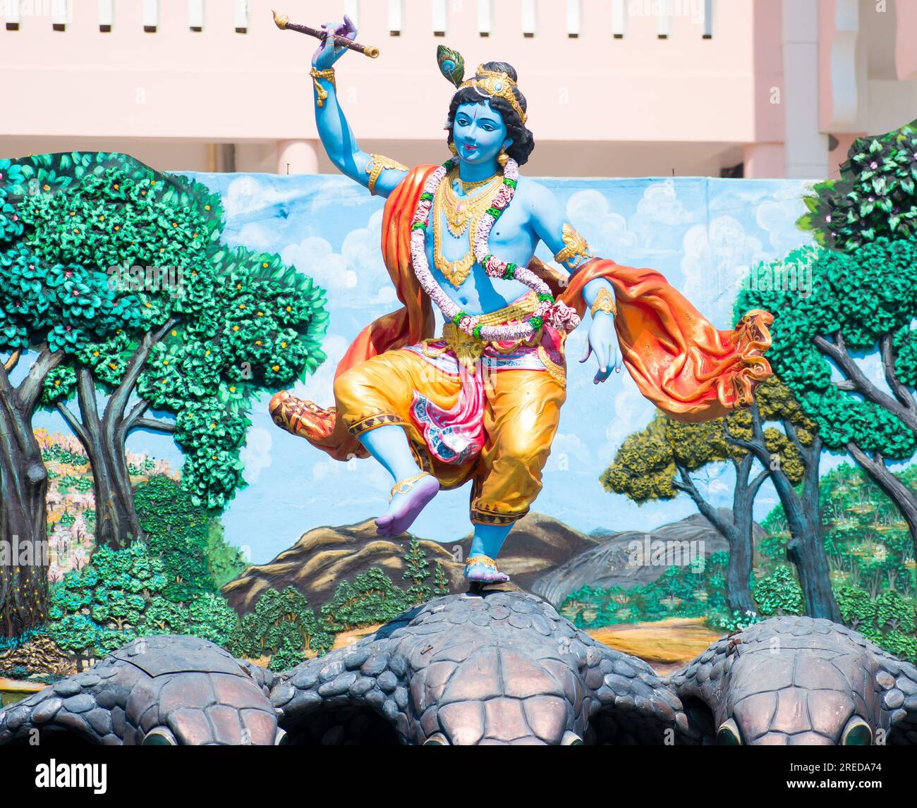 Colorful life size idols of Krishna dancing at Prem Mandir temple. Happy Krishna Janmashtami. selective focus on subject. Stock Photo