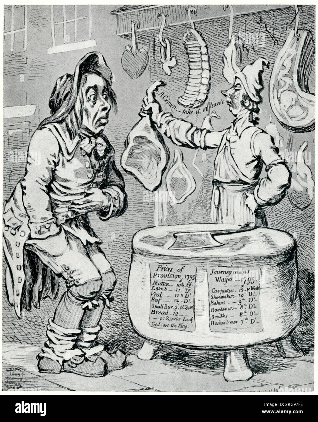 Cartoon by Gillray, a poor man goes hungry - wages were low and food prices were high, thanks to foreign wars, corn duty and a bad harvest. Stock Photo