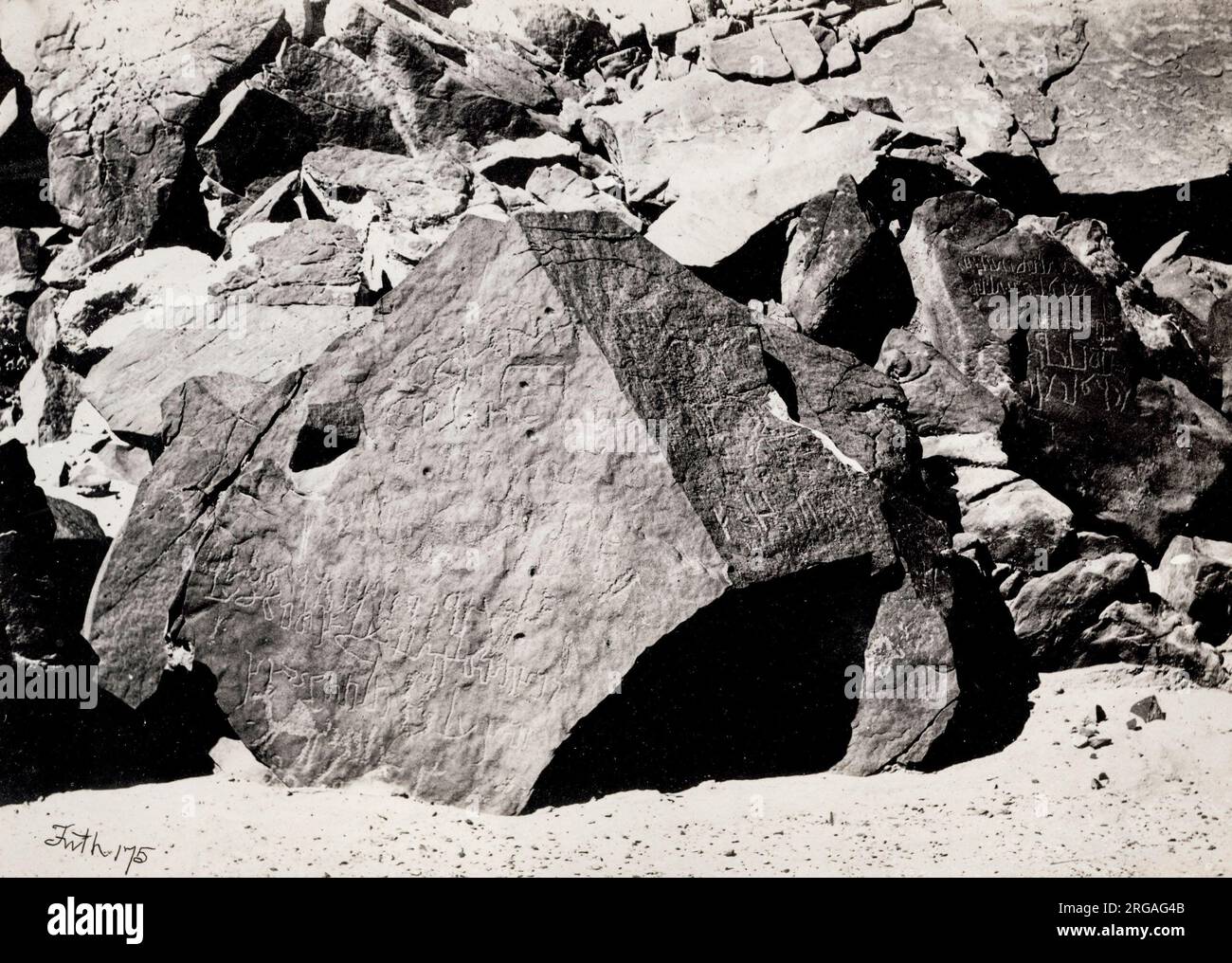 Photograph by Francis Frith, from his trip to Egypt, Palestine and the wider Holy lands in 1857 - Sinaitic Inscriptions, in Wadee El-Mukattab, Wadi Mukattab, Sinai. Stock Photo