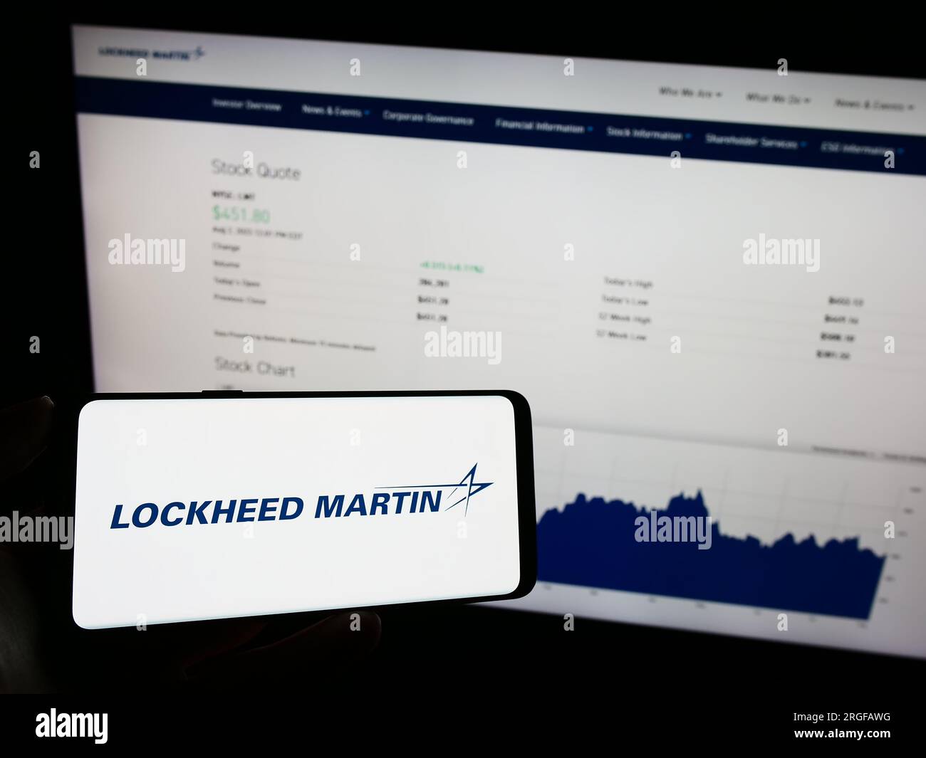 Person holding mobile phone with logo of US defense company Lockheed Martin Corporation on screen in front of web page. Focus on phone display. Stock Photo