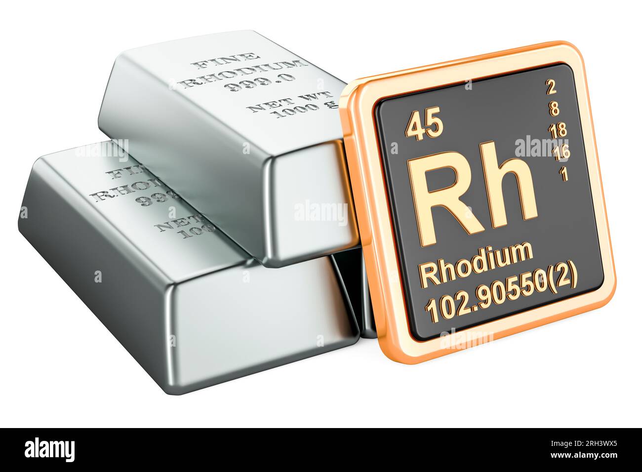 Rhodium ingots with chemical element icon Rhodium Rh, 3D rendering isolated on white background Stock Photo