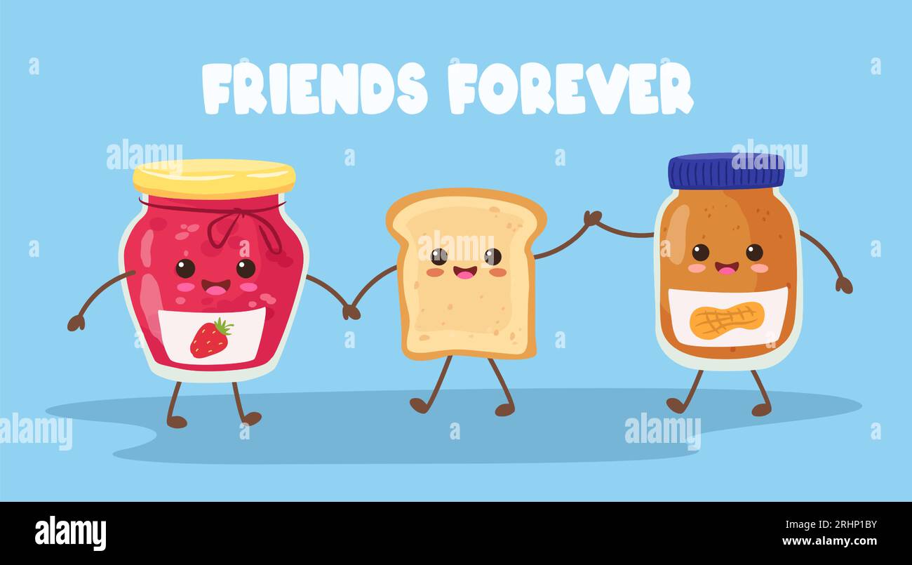 Cute toast. Happy peanut butter and jelly jam jars with sandwich bread together, forever friendship and perfect match vector illustration Stock Vector