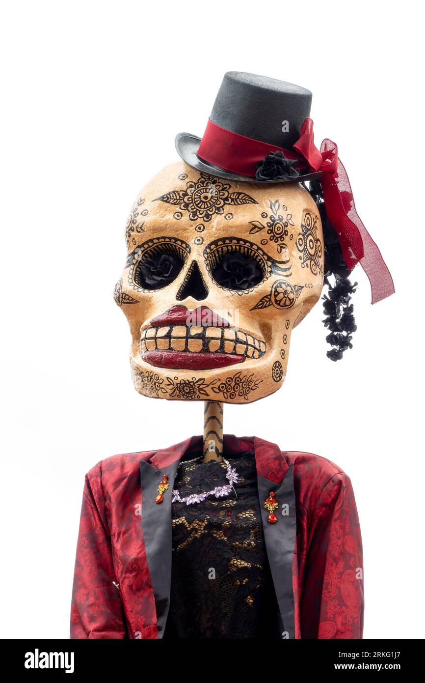 Dia de los Muertos (Day of the Dead) ornament, funny skull woman portrait isolated on white background, Halloween decor, Mexican traditional holiday Stock Photo