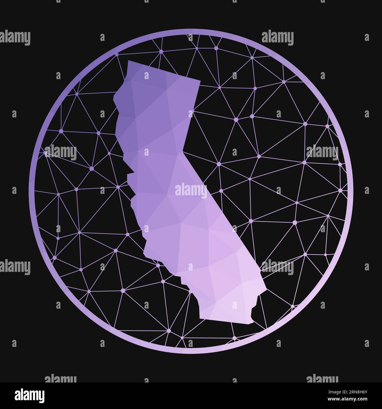 California icon. Vector polygonal map of the us state. California icon in geometric style. The us state map with purple low poly gradient on dark back Stock Vector