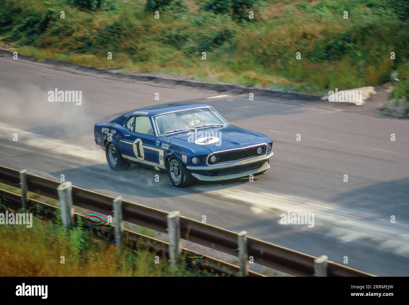 Peter Revson in a Shelby Racing Ford Mustang at the 1969 Trans Am race at  Circuit Mont-Tremblant in St. Jovite, Quebec, DNF Stock Photo