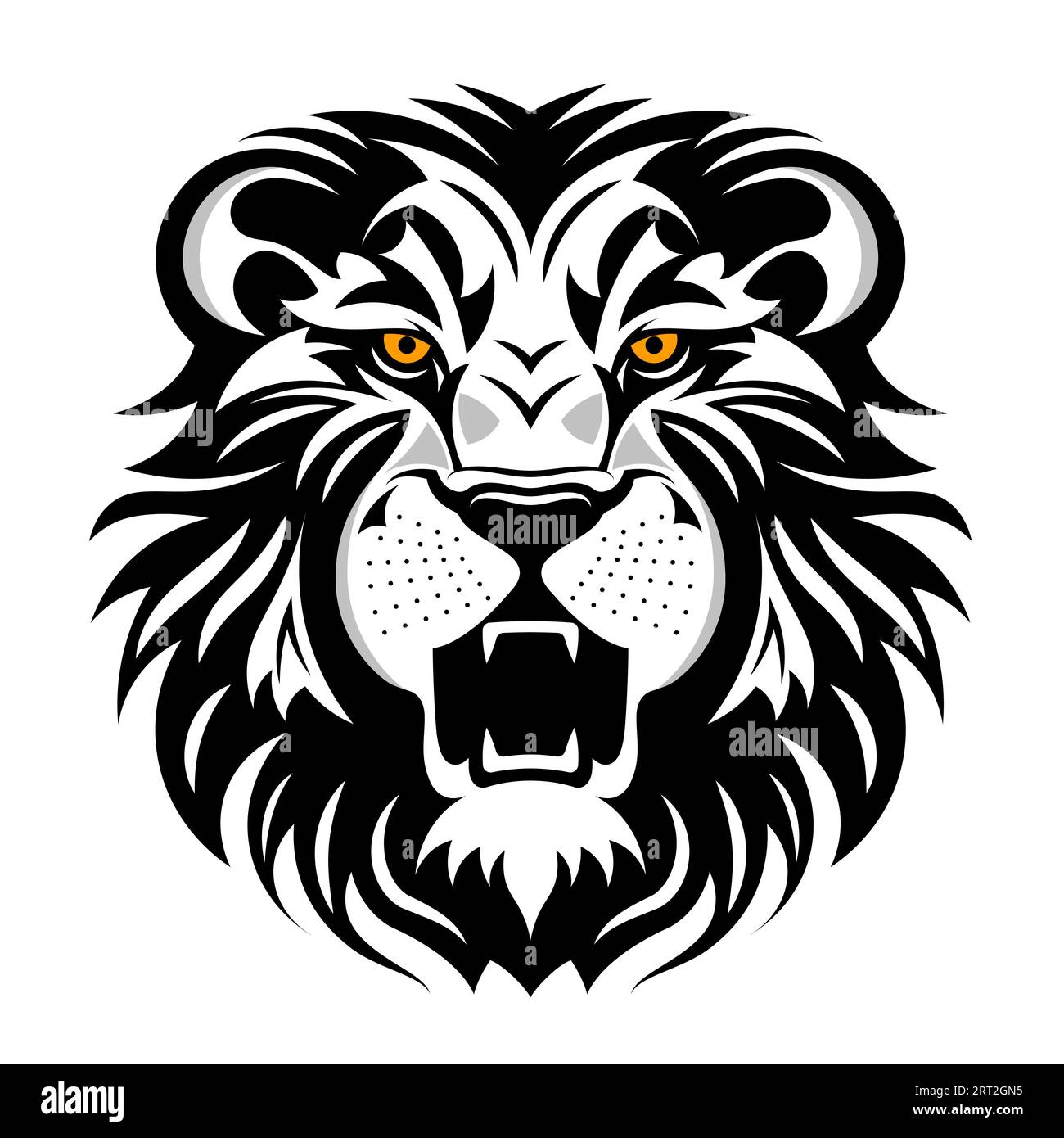 Black and white roaring lion with yellow eyes vector illustration. Isolated lions head on white background Stock Vector