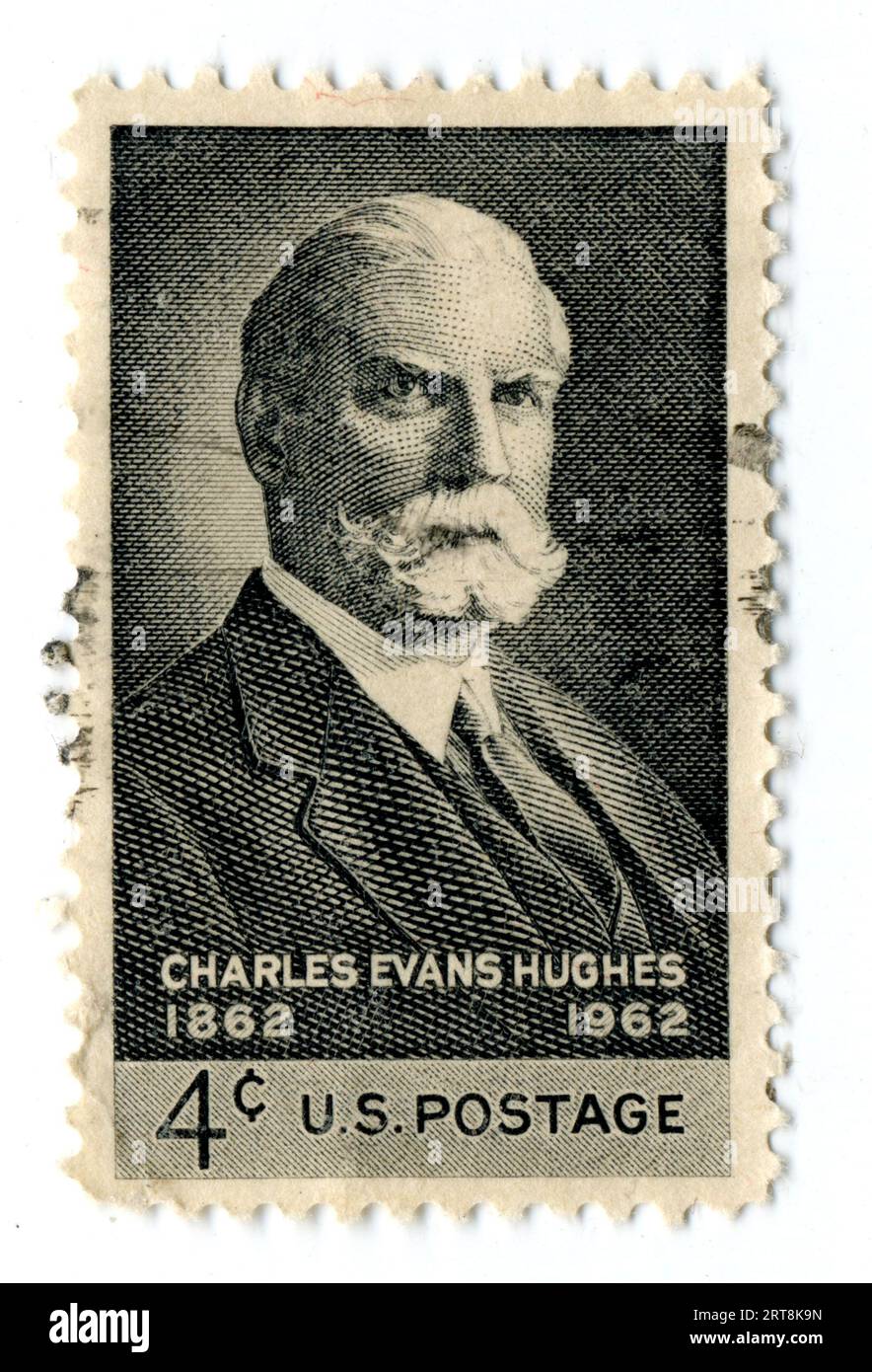 A cancelled U.S. postage stamp honoring former U.S. Supreme Court Justice Charles Evans Hughes issued in 1962. Stock Photo