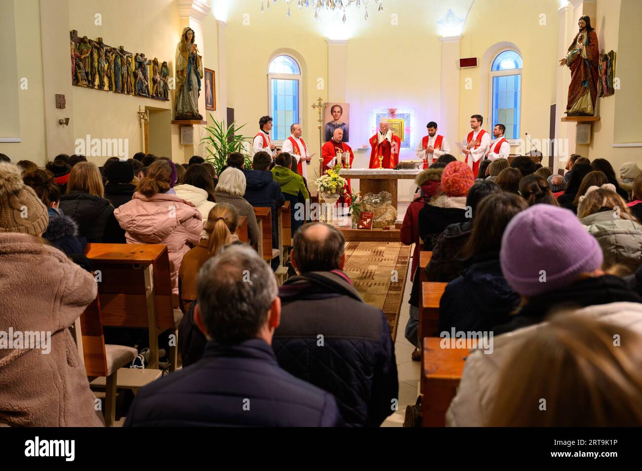 Holy Mass in the Church of Our Lady of Seven Sorrows in Vysoká nad Uhom, Slovakia where she lived. Stock Photo