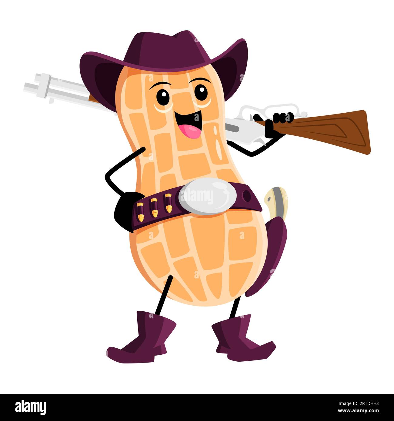 Cartoon peanut cowboy character. Funny vector nut pod ranger, bandit or robber stand with rifle gun. Western gangster wear belt, boots and hat. Isolated fantasy seed, adventure game kid menu personage Stock Vector