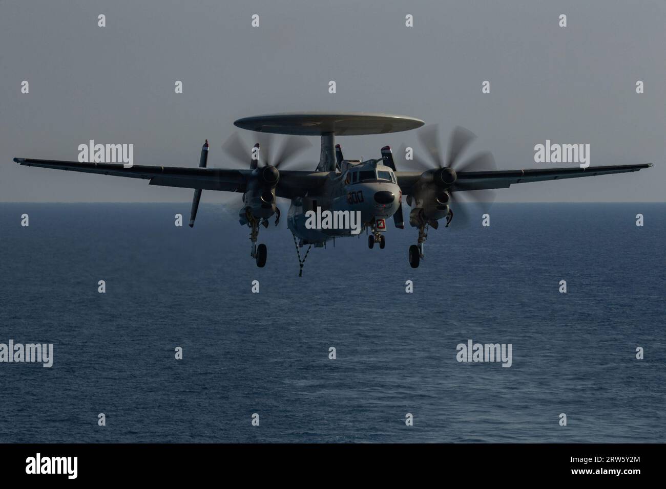 An E-2D Hawkeye approaches the flight deck USS Gerald R. Ford (CVN 78), Sept. 8, 2023. US navy photo by Nolan Pennington Stock Photo