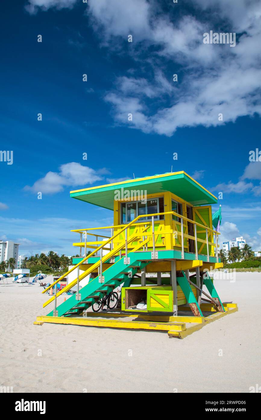 6th Street Lifeguard Tower, South Beach, City of Miami Beach, Florida: lifeguard station painted bright green and yellow Stock Photo