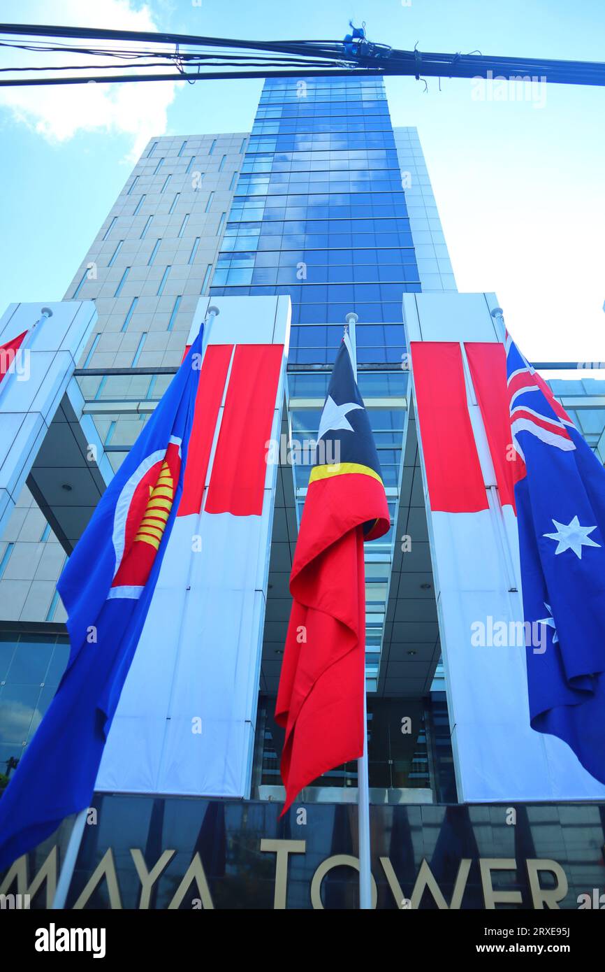 flags of asean countries installed in front of the hotel Stock Photo