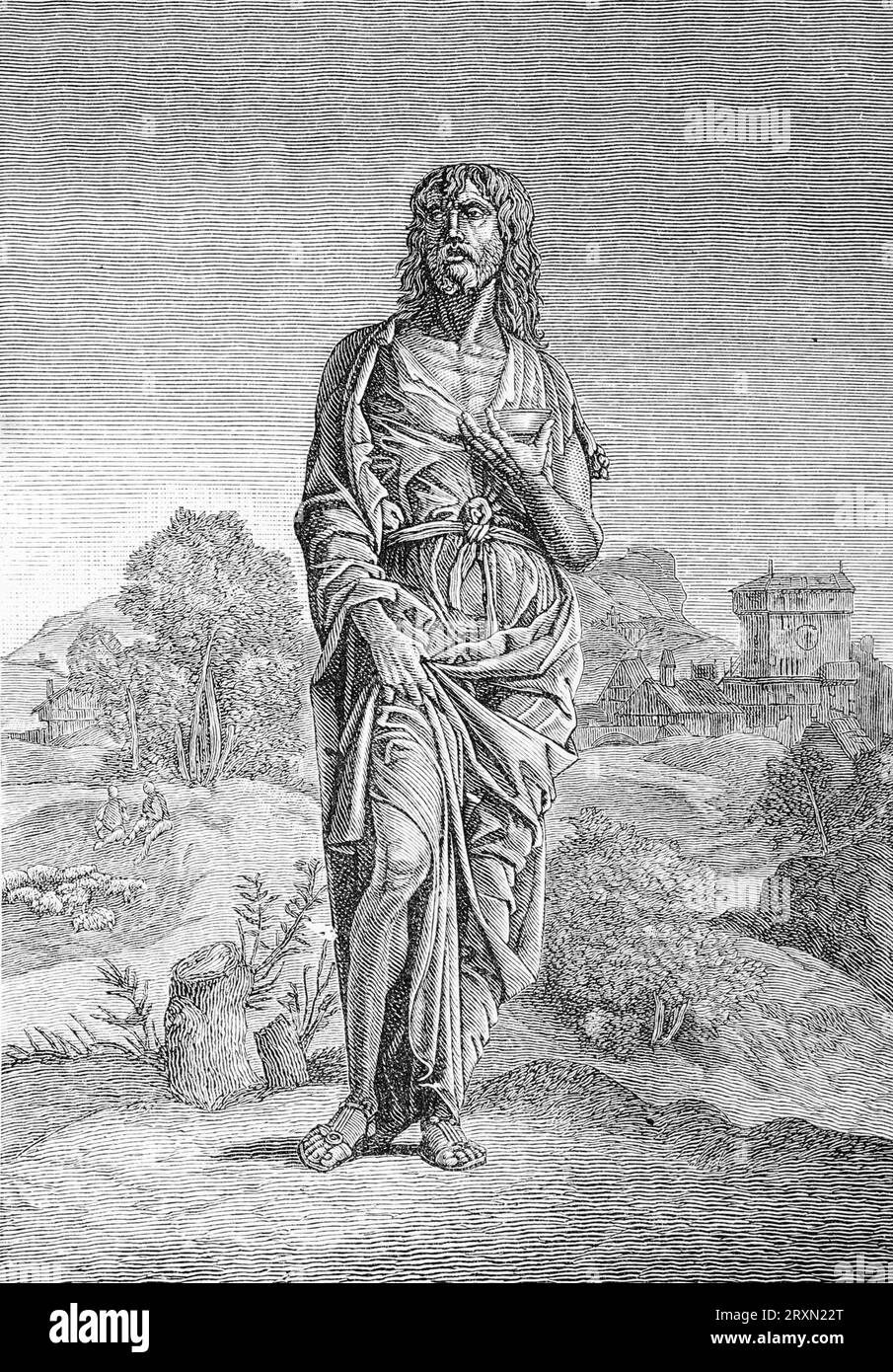 Saint John the Baptist in the Desert, after an engraving by Giulio Campagnola. Engraving from Lives of the Saints by Sabin Baring-Gould published in 1897. Stock Photo